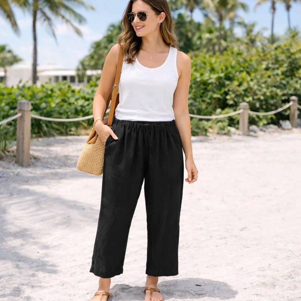 Quince Women's 100% European Linen Elastic Waist Pull On Casual Pants‎ Black XL